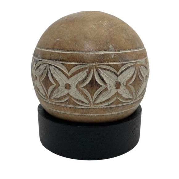Carved Wooden Sphere Ball on Stand - Picture 1 of 9